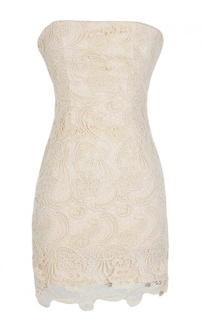 Strapless Crochet Lace Dress in Beige